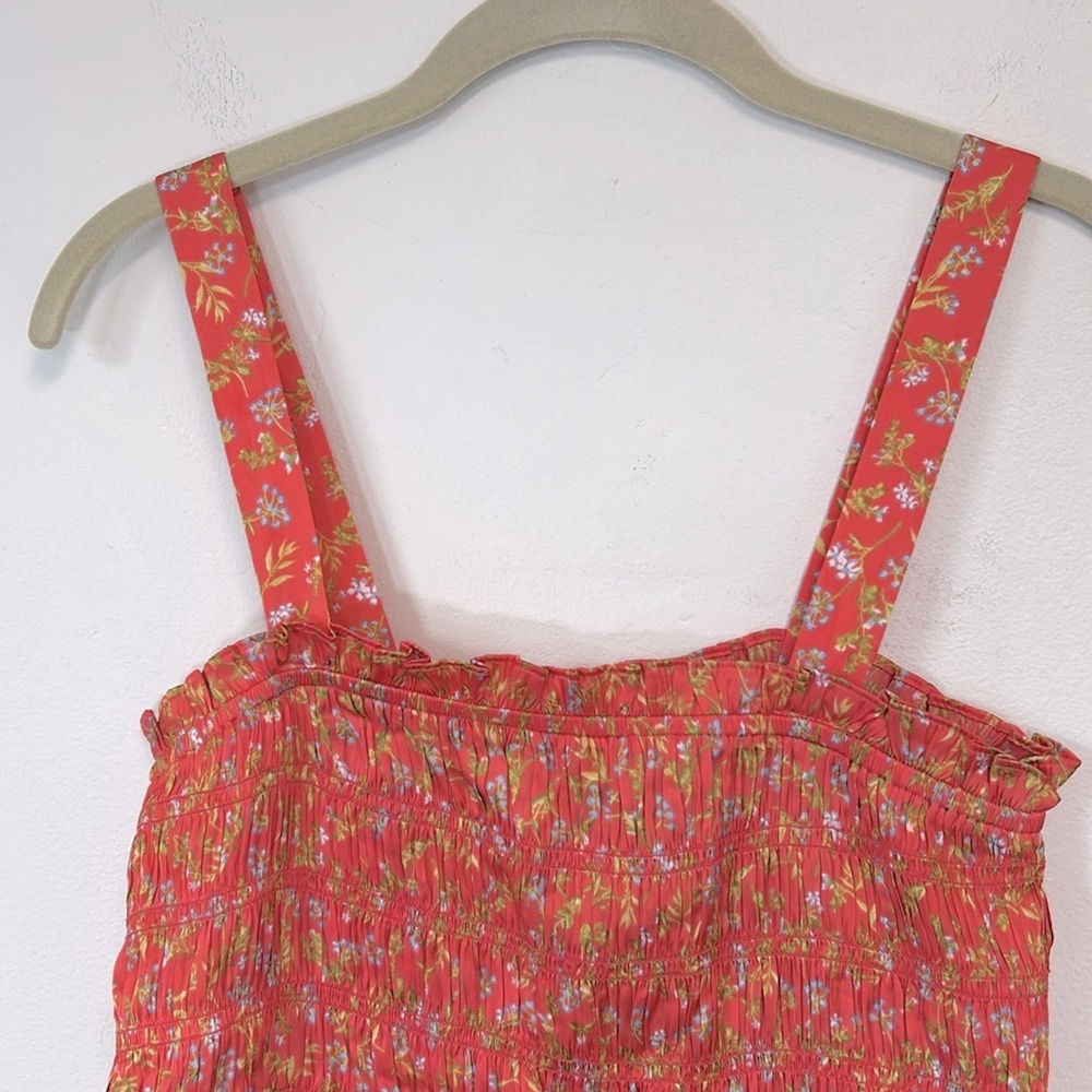 J. Crew Smocked Featherweight Satin Women’s Size L Coral Meadow Floral Tank Top - Picture 3 of 13